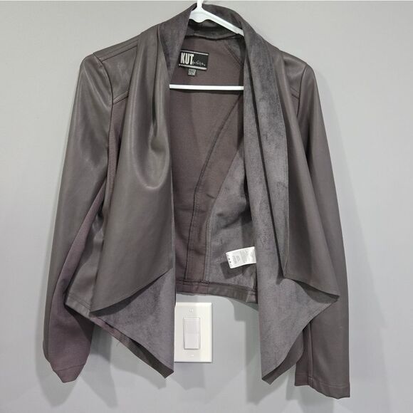 🐢 KUT from Kloth,  Gray faux leather drape front jacket 🧥 Size Small VG - Picture 14 of 15